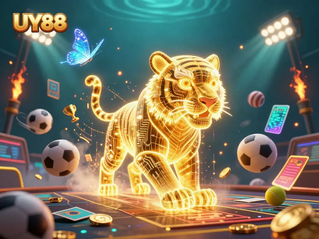 Experience thrilling action with UY88 in a vibrant 3D casino scene of sports betting excitement.