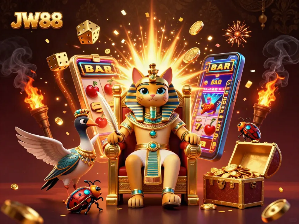 JW88 casino features an Egyptian pharaoh cat, slot machine, and dynamic gaming elements.