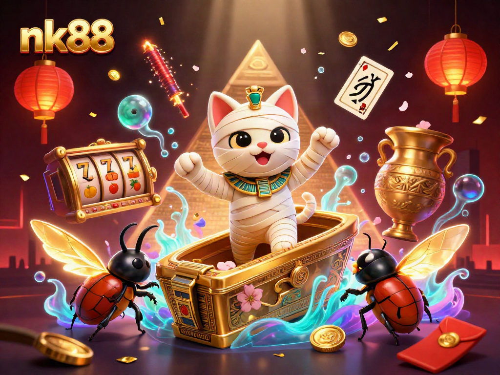 Engage with nk88 at an exciting pyramid casino with vibrant slot reels and Egyptian themes.