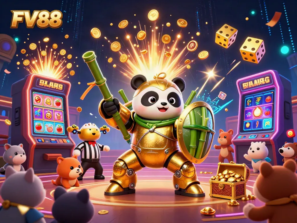 Experience thrilling action with FV88 in a colorful 3D casino arena scene filled with characters and game elements.