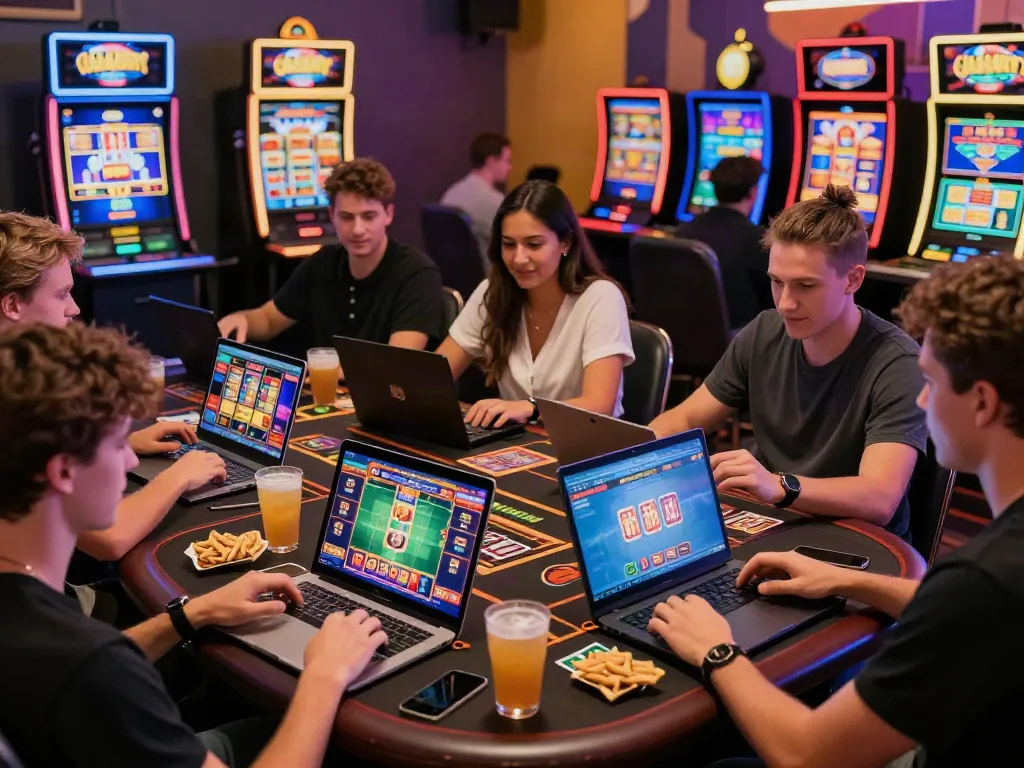 Players enjoying non GamStop online gambling experience in vibrant casino-themed room.