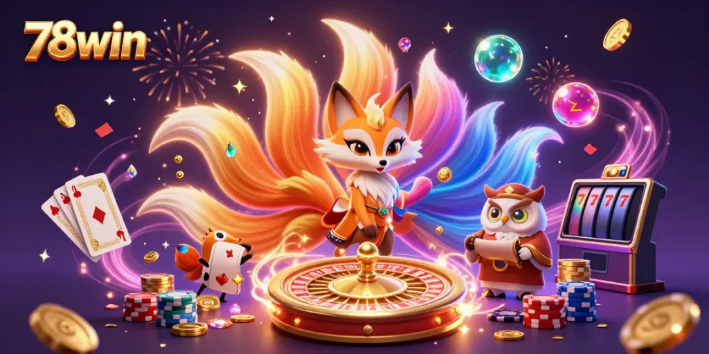 Experience vibrant 78win casino energy with a colorful nine-tailed fox, owl sage, spinning roulette, and sparkling riches.