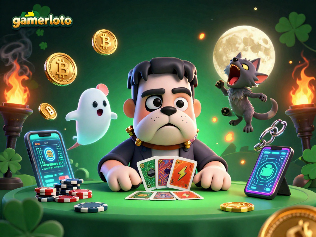 Engage with gamerloto at a lavish casino table animated with a monster dealer and vibrant crypto elements.