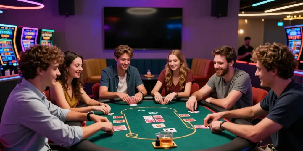 Diverse group enjoying a lively gaming night at a non gamstop casino.