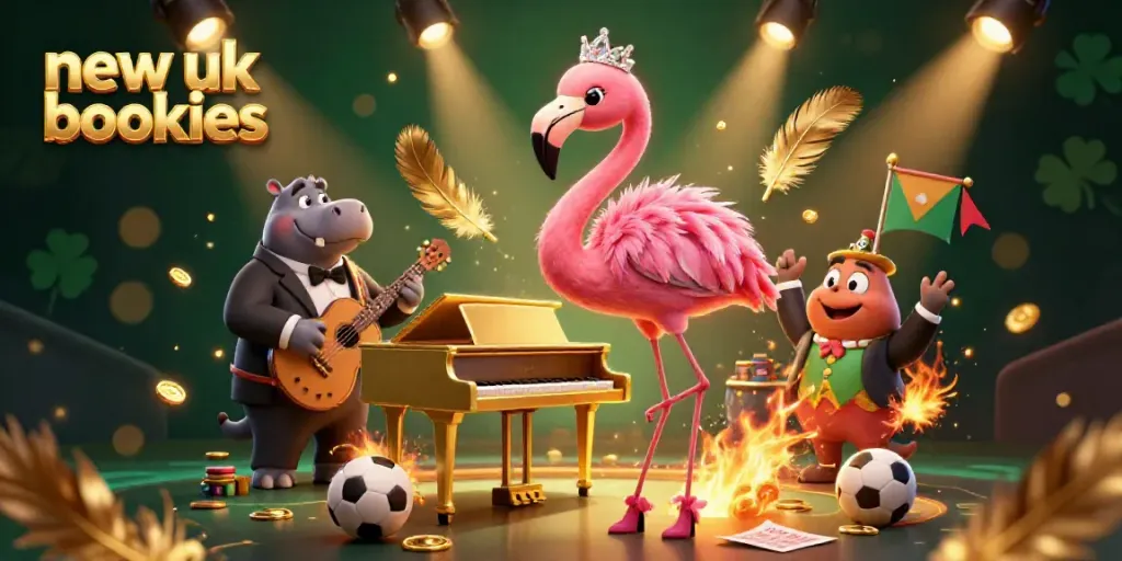 Experience the excitement of new UK bookies with a vibrant casino scene featuring singing flamingos and hippos.