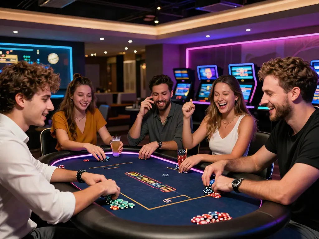 Friends enjoying a lively gaming session exploring non GamStop casinos in a vibrant lounge.