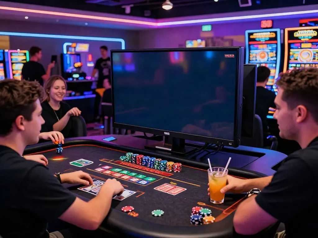 Engaging non Gamstop casino gaming scene with vibrant lights and players.