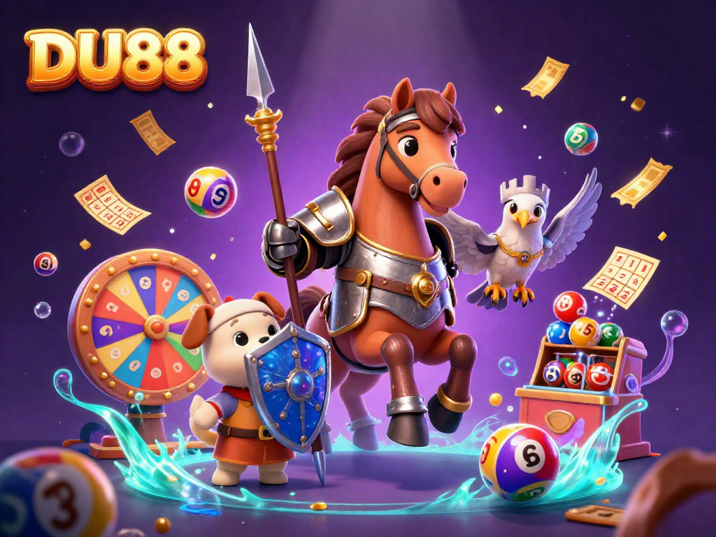 Engage with the dynamic DU88 casino scene featuring vibrant lottery elements and fantasy characters.
