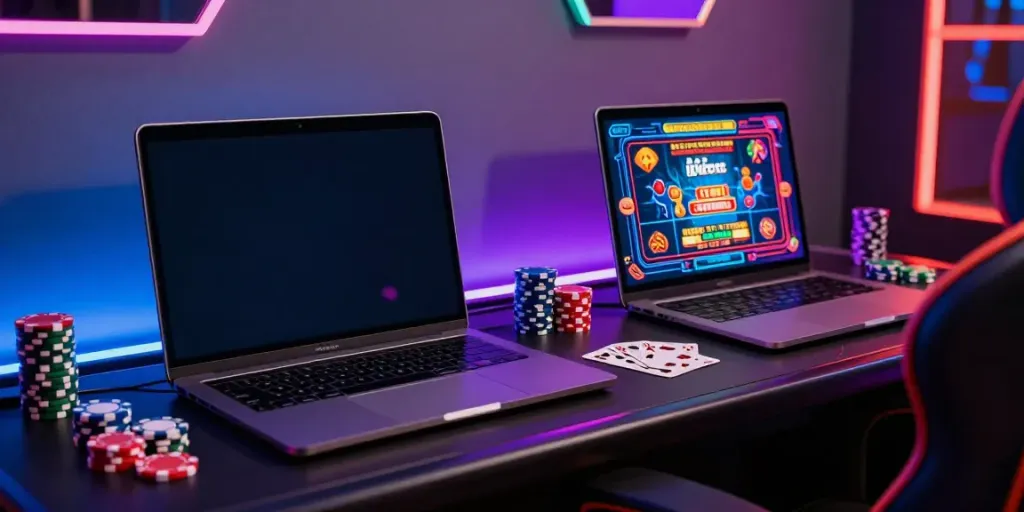 Engaging gaming setup for non Gamstop online casinos with colorful decor and vibrant screens.