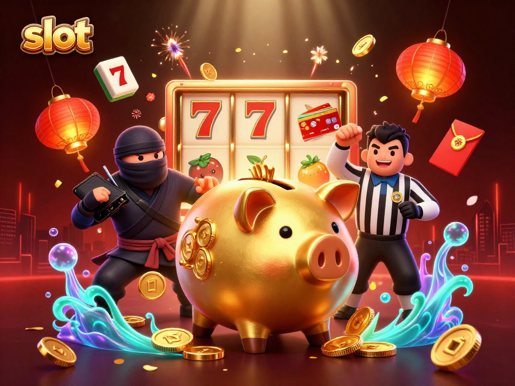 Engaging slot-themed illustration showcasing a sumo piggy bank, ninja, and samurai amidst dazzling casino elements.