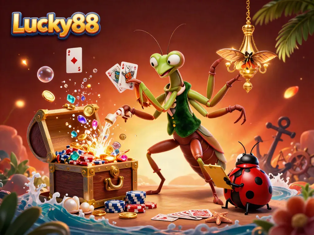 Experience excitement at Lucky88 with a vibrant casino scene featuring a giant praying mantis and ladybug pit boss.