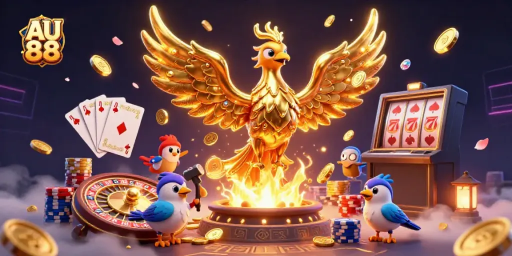 Experience the exciting world of AU88, featuring a molten gold phoenix and vibrant casino elements.