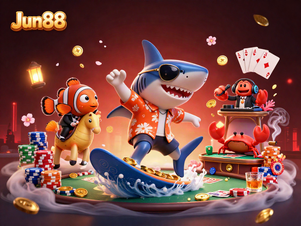 Experience the thrill of Jun88 as a cartoon shark surfs on gold, surrounded by vibrant casino elements.