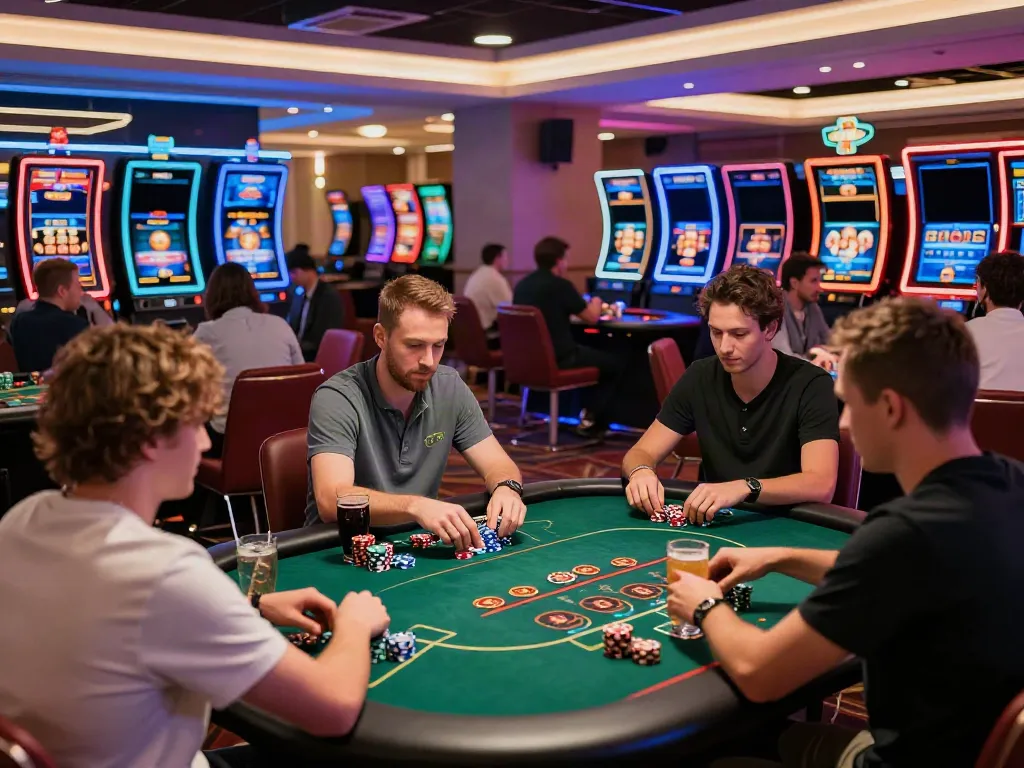 Dynamic non Gamstop online casino scene with players enjoying various games and lively atmosphere.