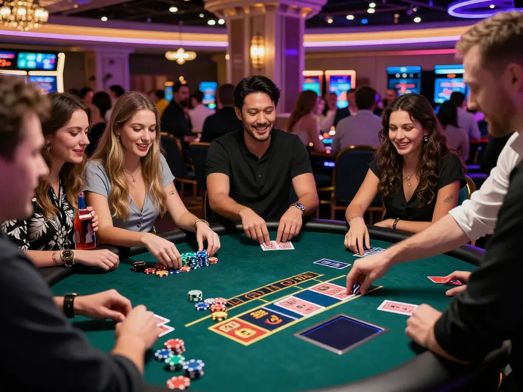 Excited group of friends enjoying a non gamstop live dealer game at a vibrant casino.