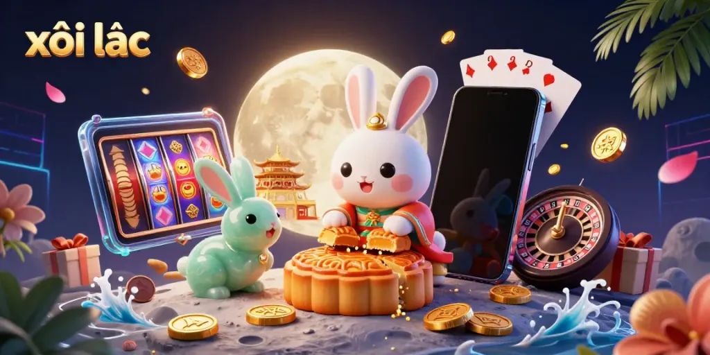 Engage in thrilling gaming with xôi lạc as the playful moon rabbit reveals poker chips hidden in mooncakes.