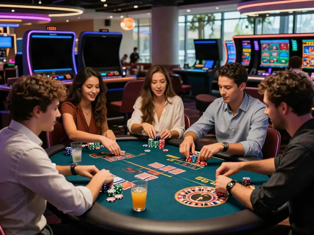 Diverse friends enjoying a lively game at a non GamStop online casino table, surrounded by vibrant atmosphere and colorful lights.