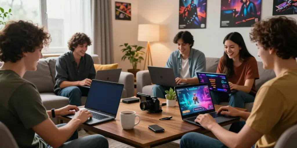 Players enjoying non Gamstop casinos in a cozy living room setting with vibrant game graphics.