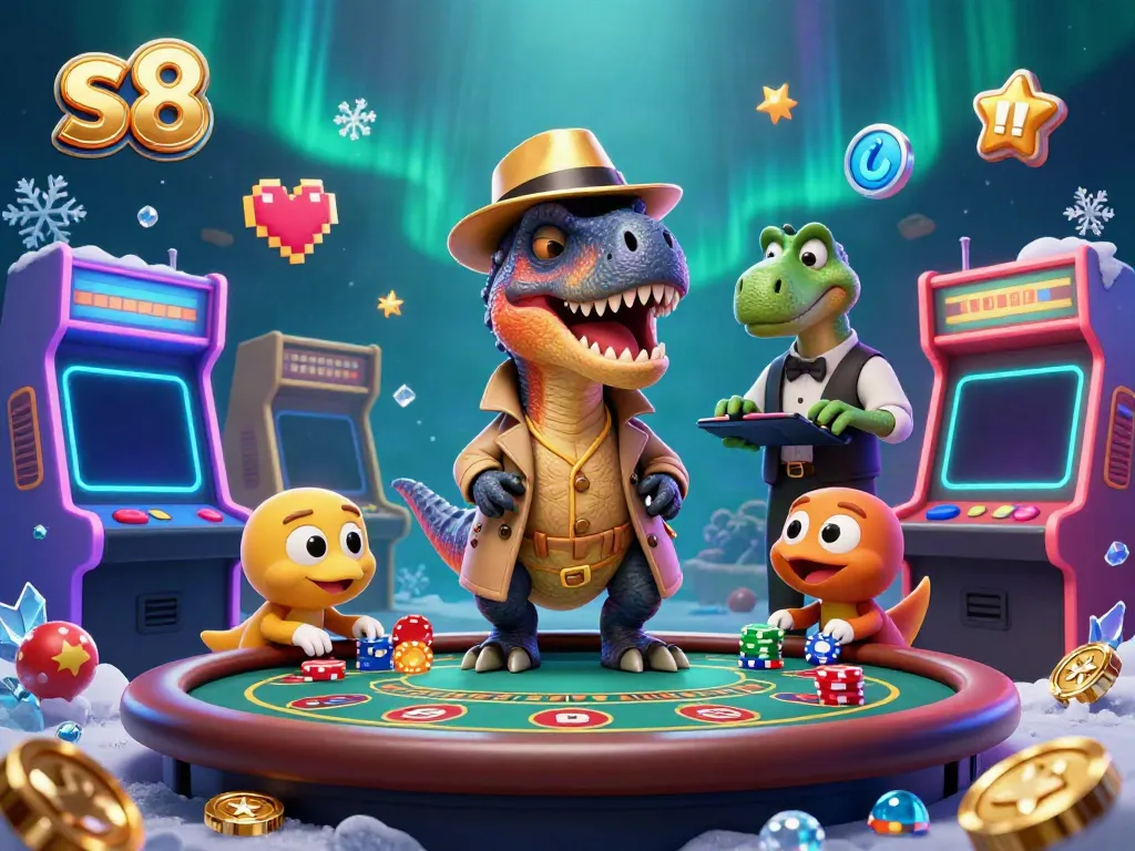 Experience thrilling encounters at S8 casino with a velociraptor card counter seen at a blackjack table.
