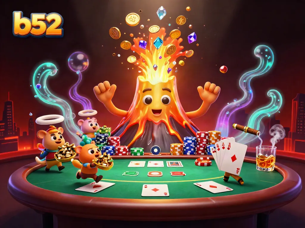 Experience thrilling games at b52 with a cartoon-style eruption of treasures and casino elements.