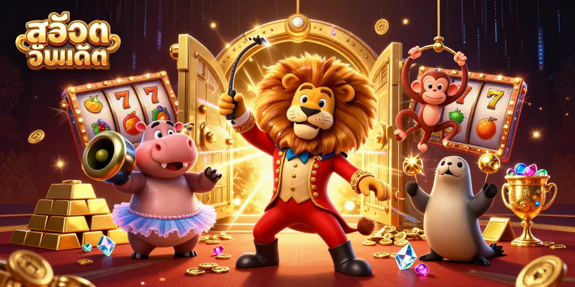 Spin reels with สล็อตอัพเดท in a vibrant circus casino scene filled with treasures and excitement.