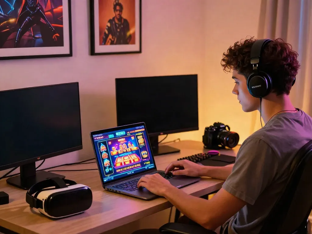 Young adult gaming on a laptop showcasing non gamstop casino options in a stylish office.