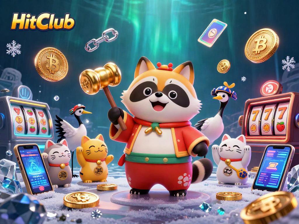 Experience winning moments at HitClub with this vibrant casino-themed illustration featuring lucky symbols.