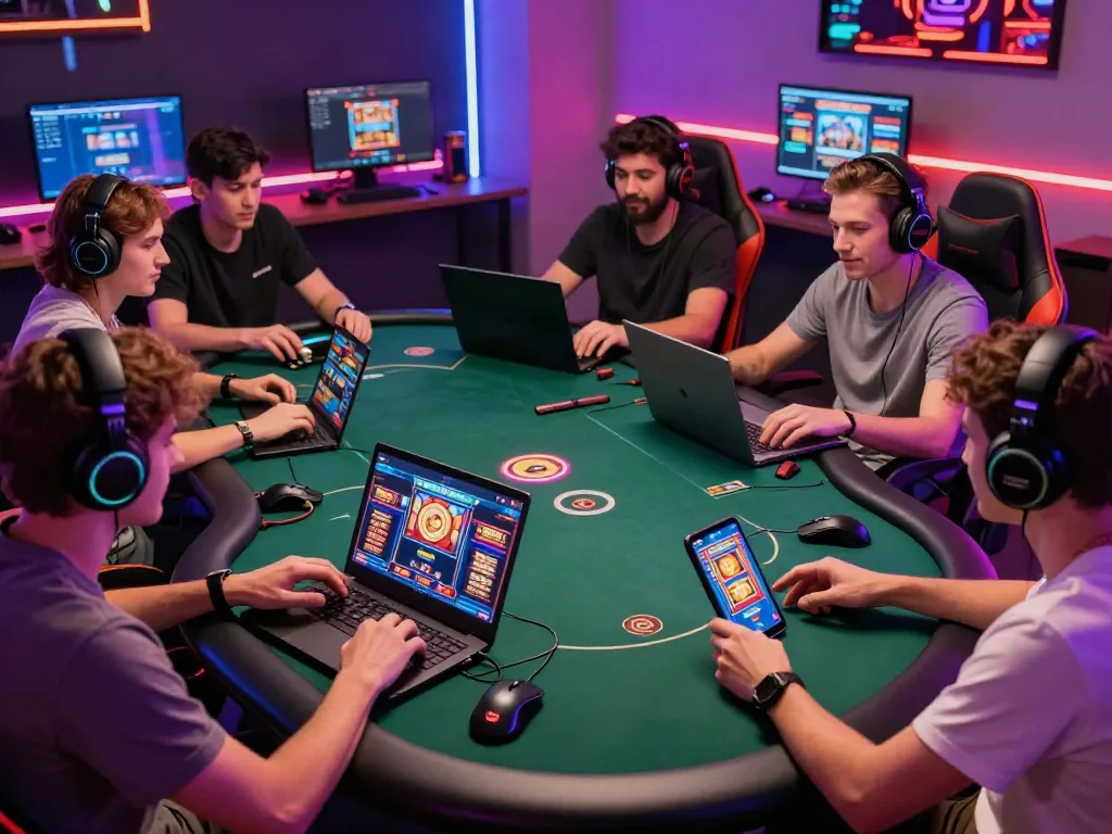 Engaged players enjoying non GamStop online gambling activities in a vibrant gaming setup.