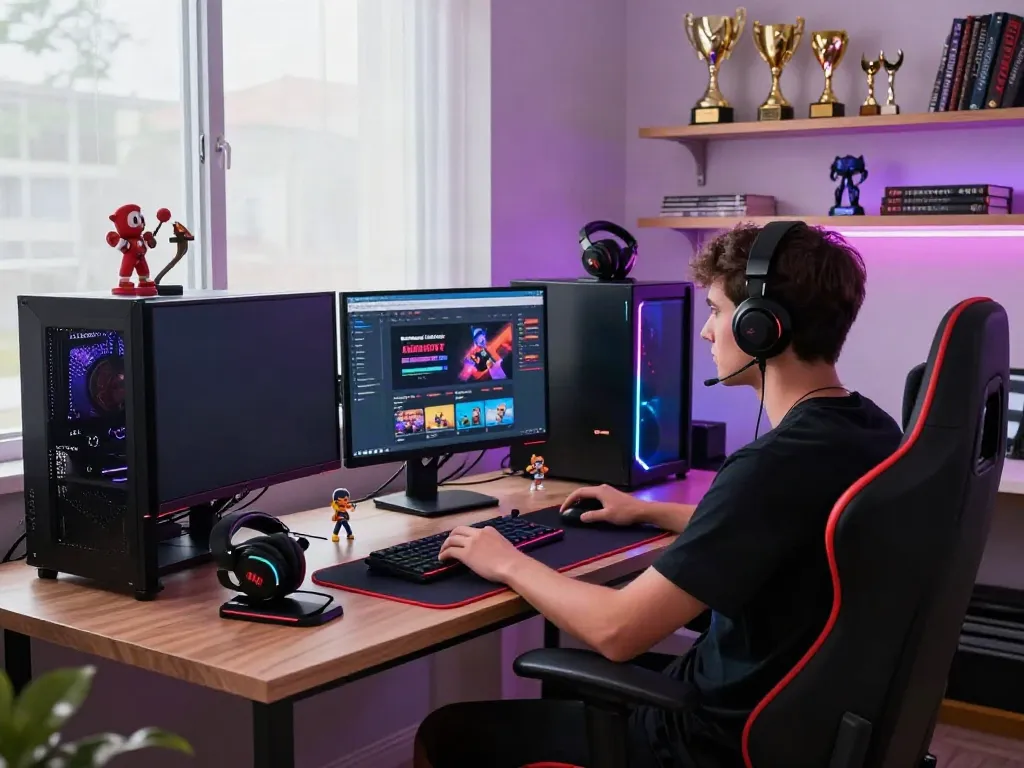 Dynamic home office scene featuring multiple monitors showcasing non gamstop casinos, gaming accessories, and natural light.