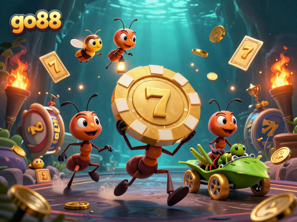 Engage with exciting gaming experiences at go88 while ant characters carry a golden poker chip in a vibrant casino scene.