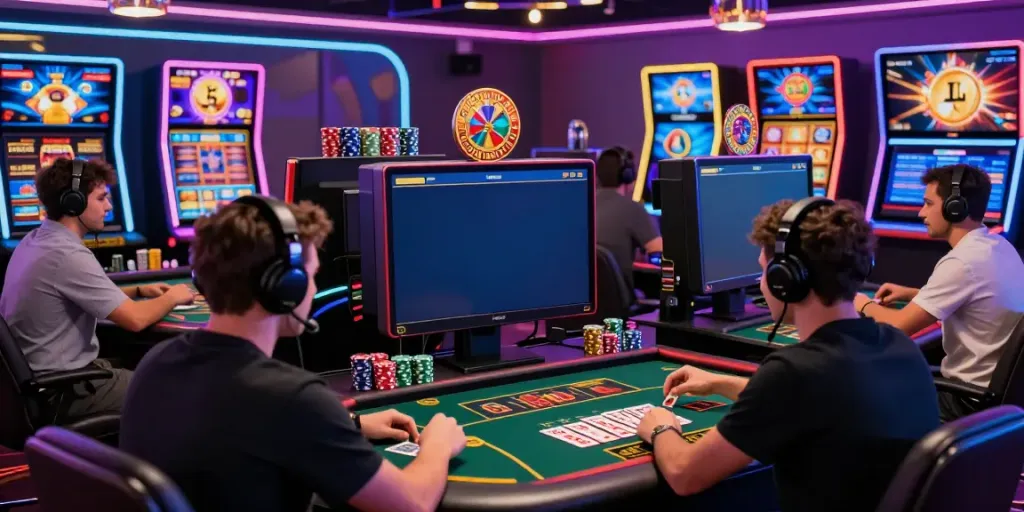 A lively scene of players enjoying games at a non GamStop casino, showcasing engagement and excitement in a vibrant digital setting.