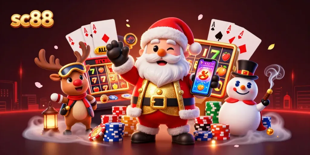 Engaging sc88 slot scene with Santa and friends showcasing dynamic jackpots and vibrant casino elements.