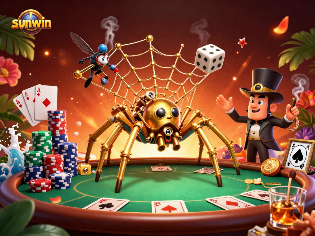 Catch winning dice in Sunwin's golden web of luck at a vibrant poker table.