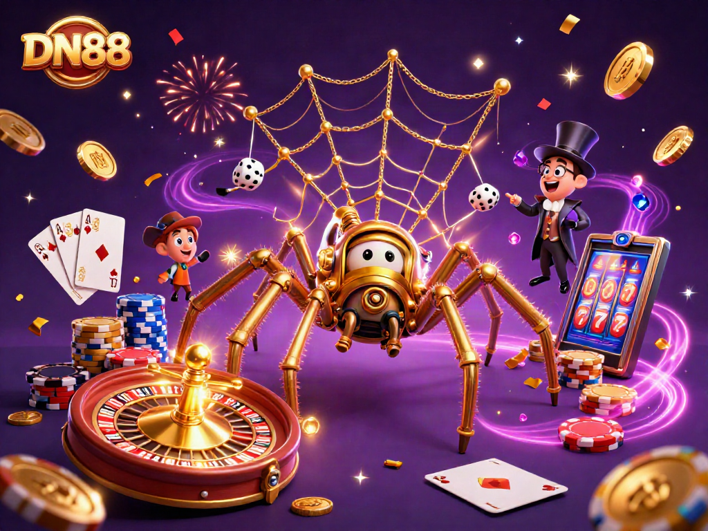 Experience thrilling casino action with DN88 featuring a golden spider and whimsical elements.
