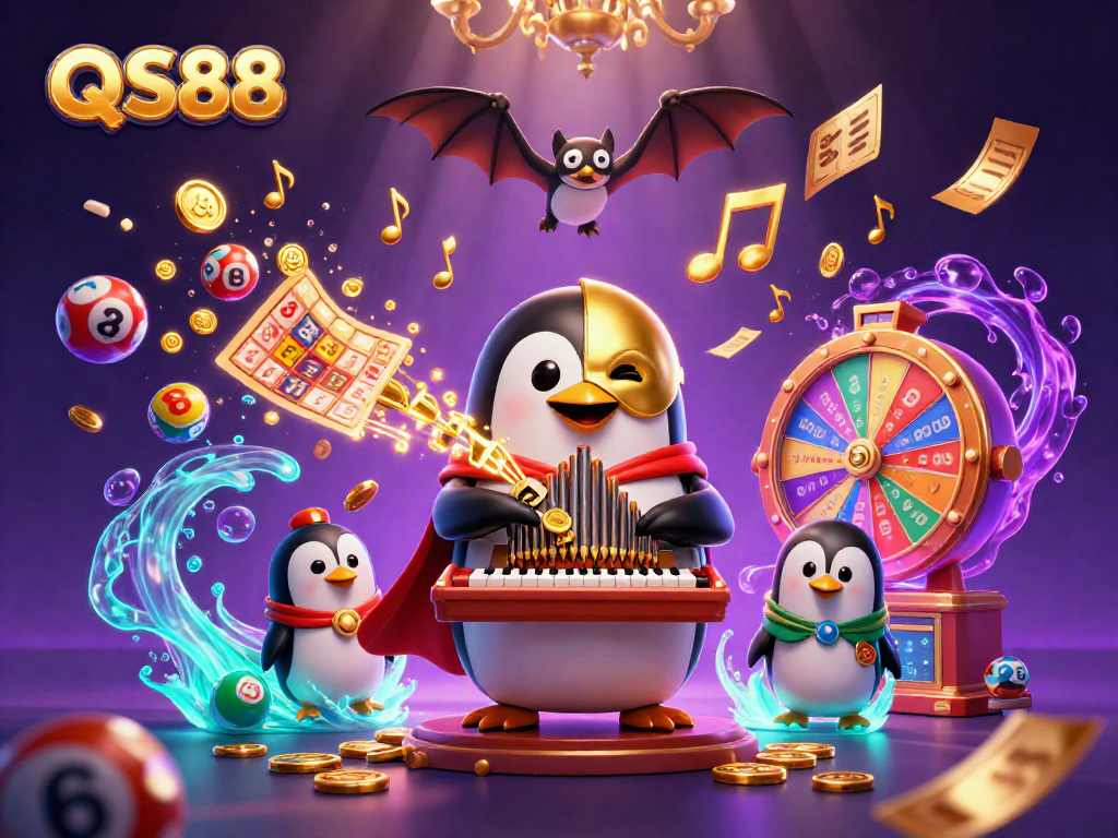 Engaging illustration of QS88's unique gaming experience, featuring vibrant casino elements and characters