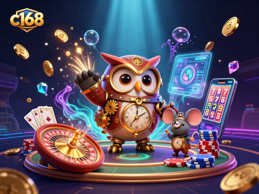 Engage with c168 in a vibrant 3D illustration showcasing vibrant casino elements and time-traveling characters.