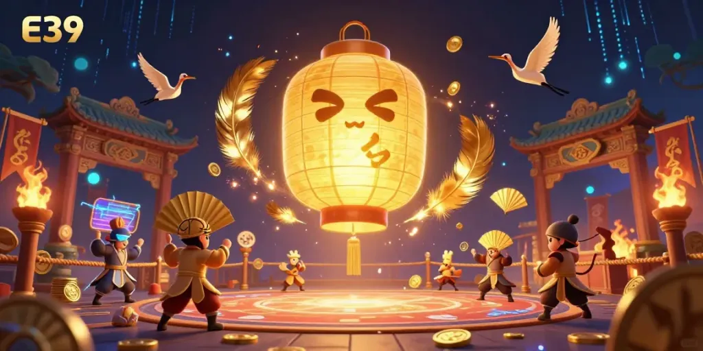 Engage with E39 in a vibrant night market casino scene featuring golden lantern spirit and fan warriors.