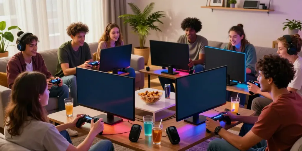 A lively gaming scene with friends enjoying non gamstop gaming experiences in a colorful and comfortable home setting.