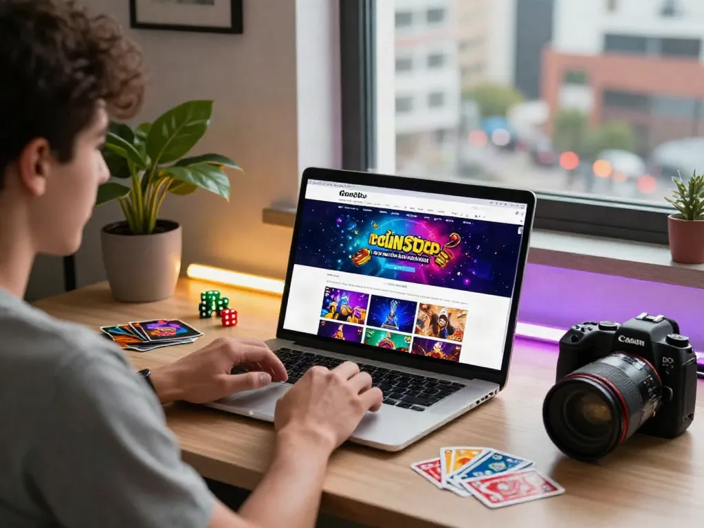 Home desk scene with non GamStop casino website on laptop, vibrant gaming setup.