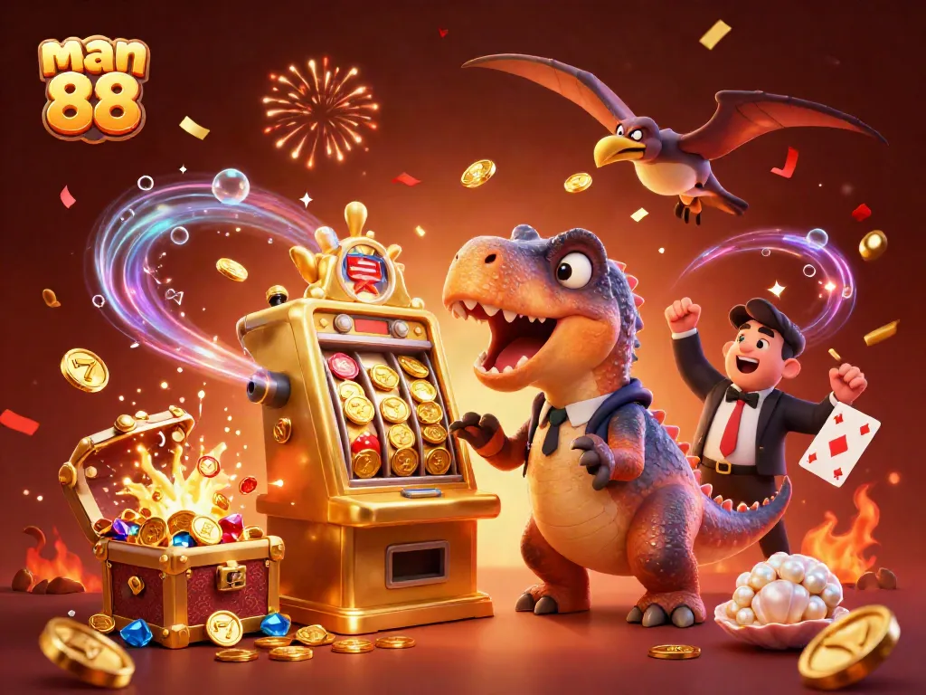 Experience the thrill of man 88 as dinosaurs celebrate jackpots with gold coins raining down.