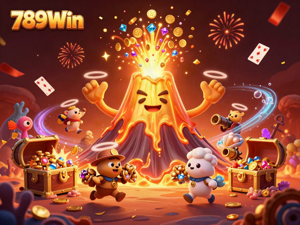 Engage in thrilling wins at 789Win with a dynamic scene showcasing treasure and gaming elements.