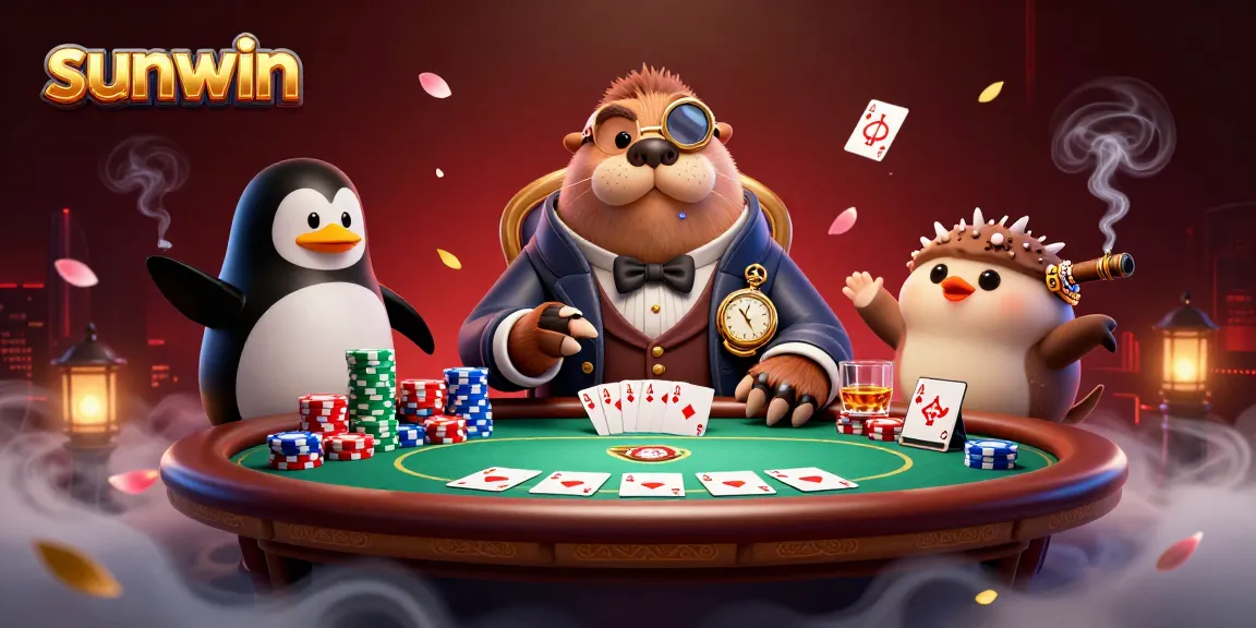 sunwin showcases poker excitement with a jolly walrus player bluffing at an underwater table