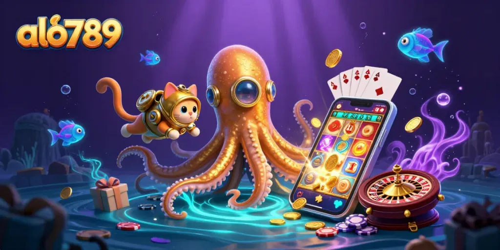 Alo789 offers exhilarating slot games with golden treasures and vibrant casino elements in a vivid undersea scene.
