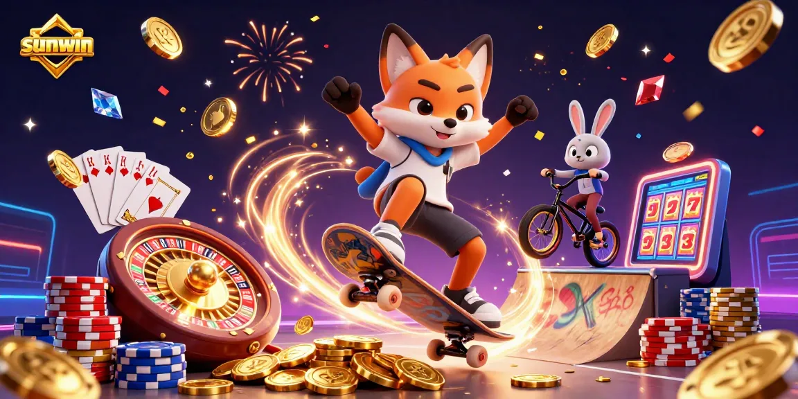 Experience excitement at sunwin with vibrant 3D cartoon characters performing casino tricks and celebrating wins.
