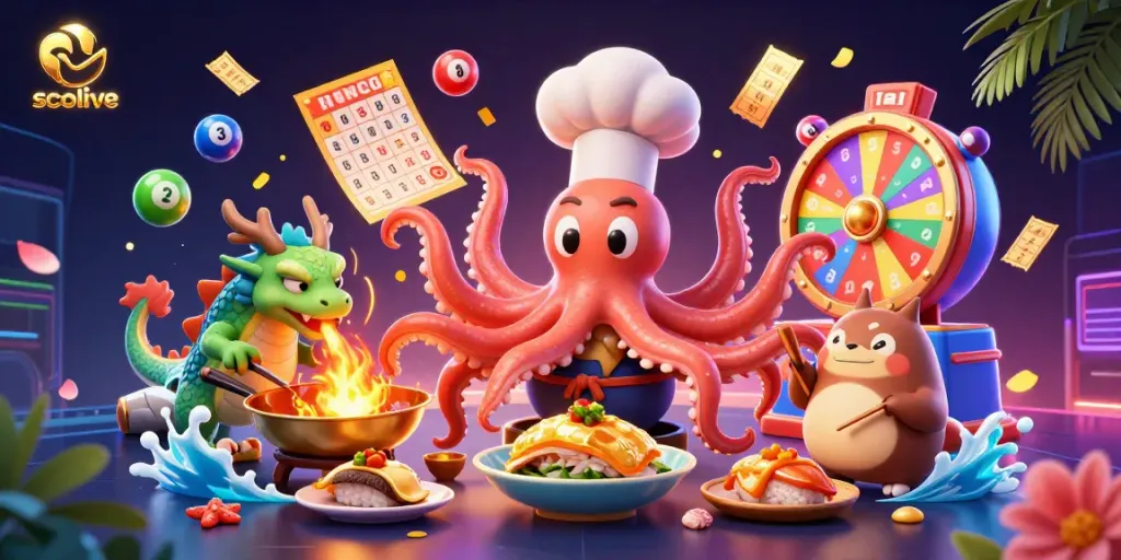 Socolive enhances the gaming experience, featuring a cartoon octopus chef and fiery dragon amid vibrant gambling elements.