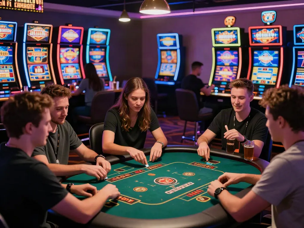 Dynamic scene at a non GamStop casino with friends enjoying gaming.