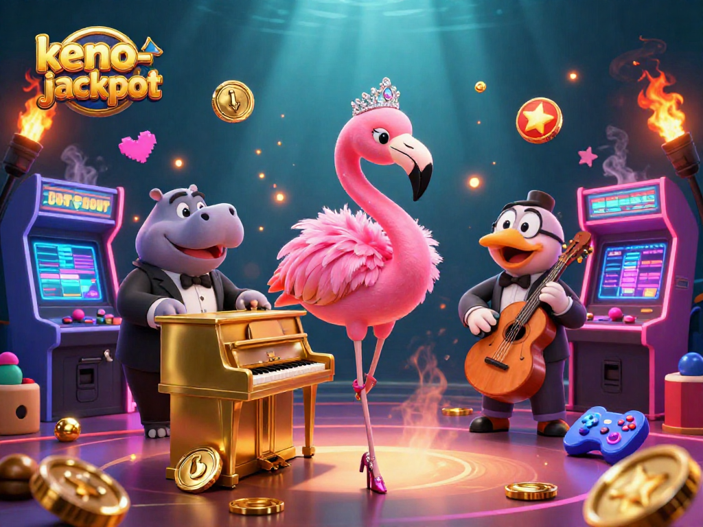 Experience the excitement of keno-jackpot with vibrant characters and gaming elements in a lively casino scene.