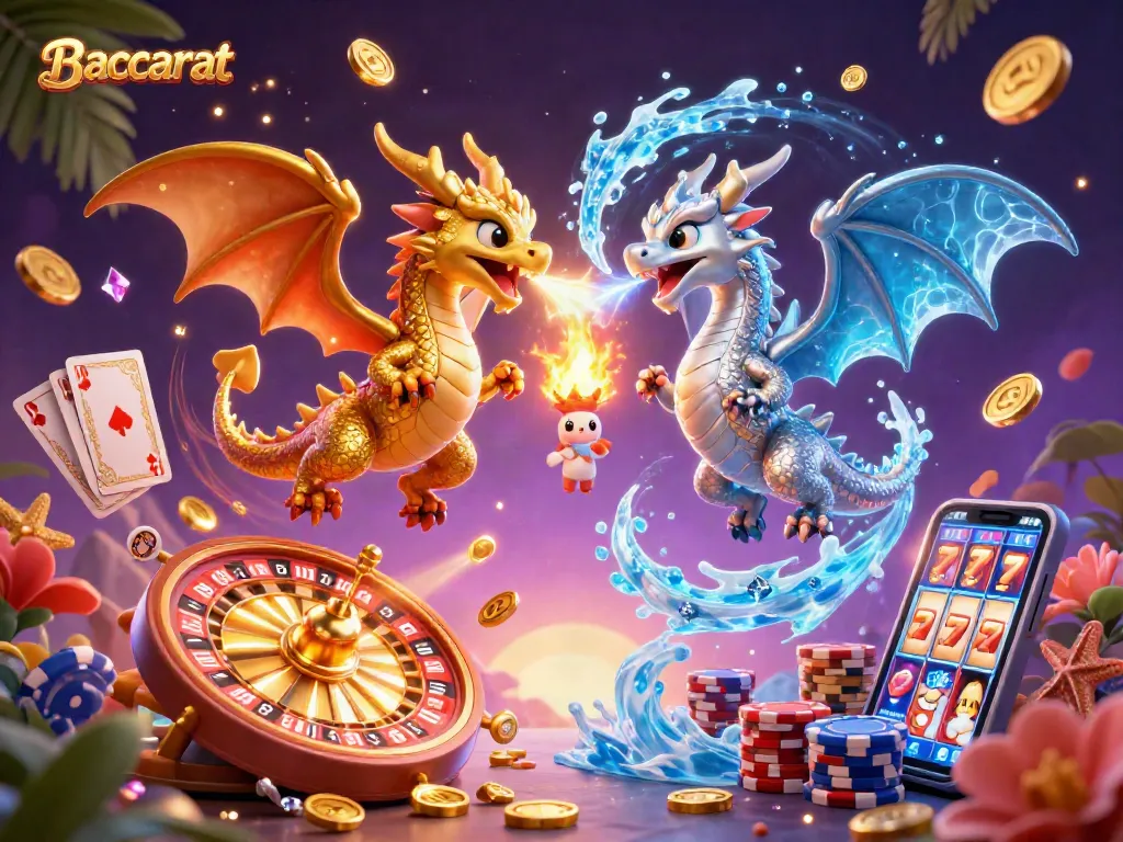 Baccarat dragons symbolizing luck with coins and cards in a vibrant casino scene.