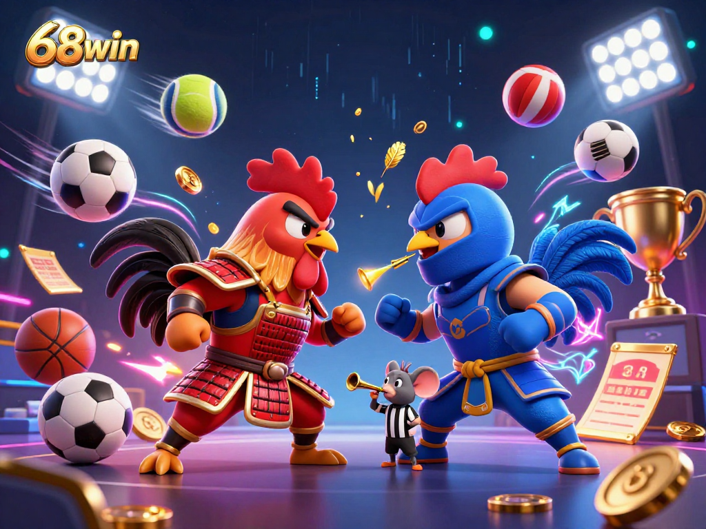 Experience thrilling gameplay at 68win with twin fighting roosters in a vibrant casino scene.