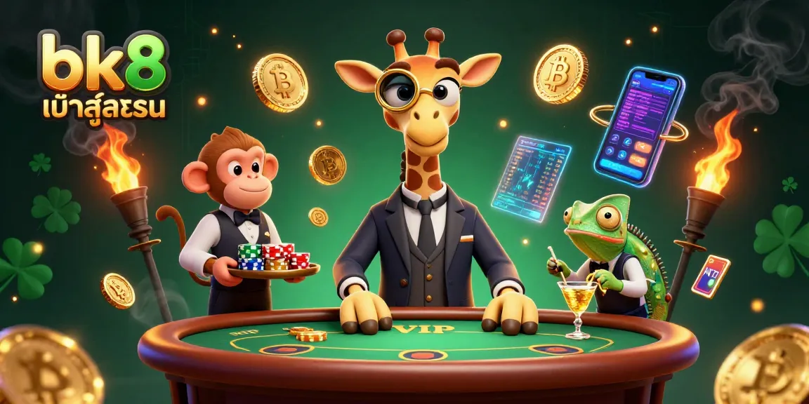 Engage through bk8 เข้าสู่ระบบ with action-packed gambling scene featuring unique casino characters.